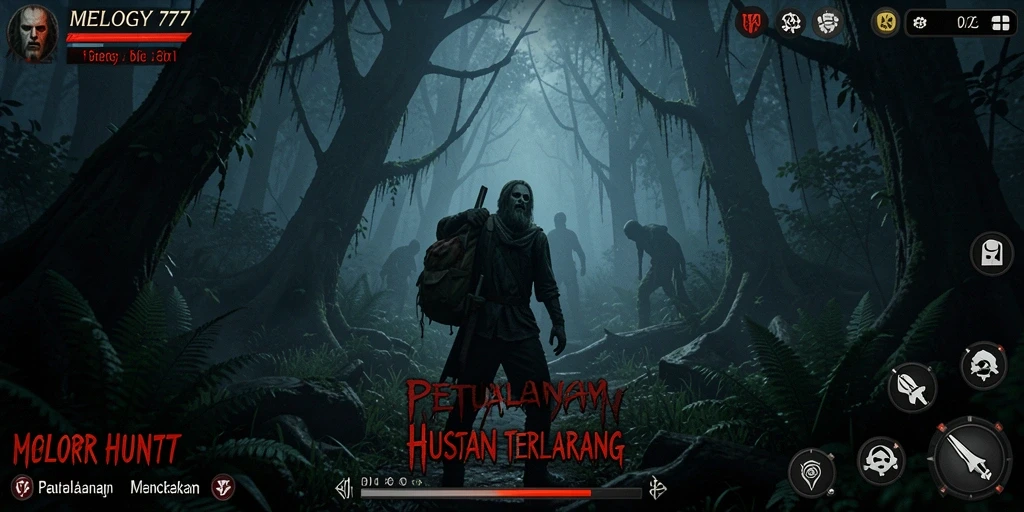 Antarmuka permainan MELODY77 yang menampilkan suasana hutan mencekam.